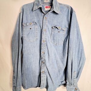 Wrangler Western Pearl Snap Indigo Denim Button Up Cowboy Selvedge Shirt Mens M